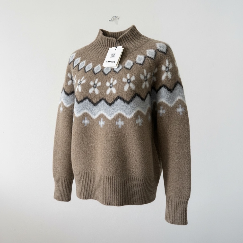 Sandro Brown Mohair Sweater with White and Black Details. Size 0. NWT